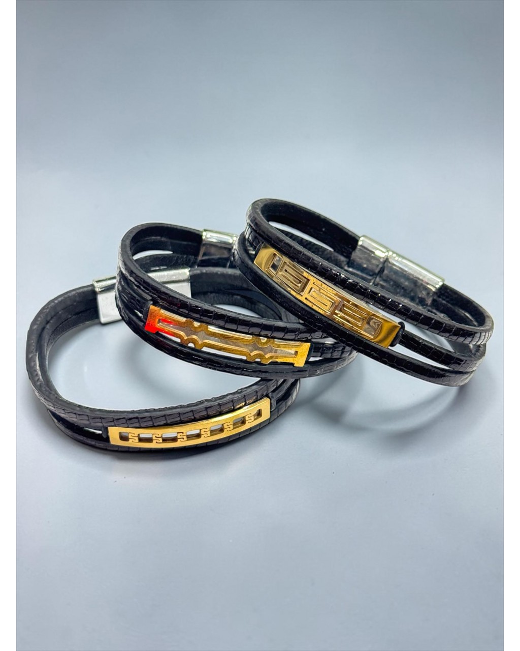 SİYAH ÜÇLÜ ÇELİK ERKEK YILAN DERİSİ BİLEKLİK