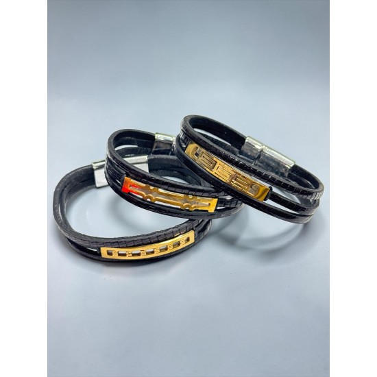 SİYAH ÜÇLÜ ÇELİK ERKEK YILAN DERİSİ BİLEKLİK