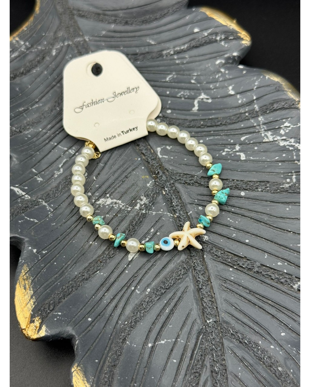 İNCİ BONCUK TURKUAZ TAŞI VE DENİZ YILDIZLI BİLEKLİK
