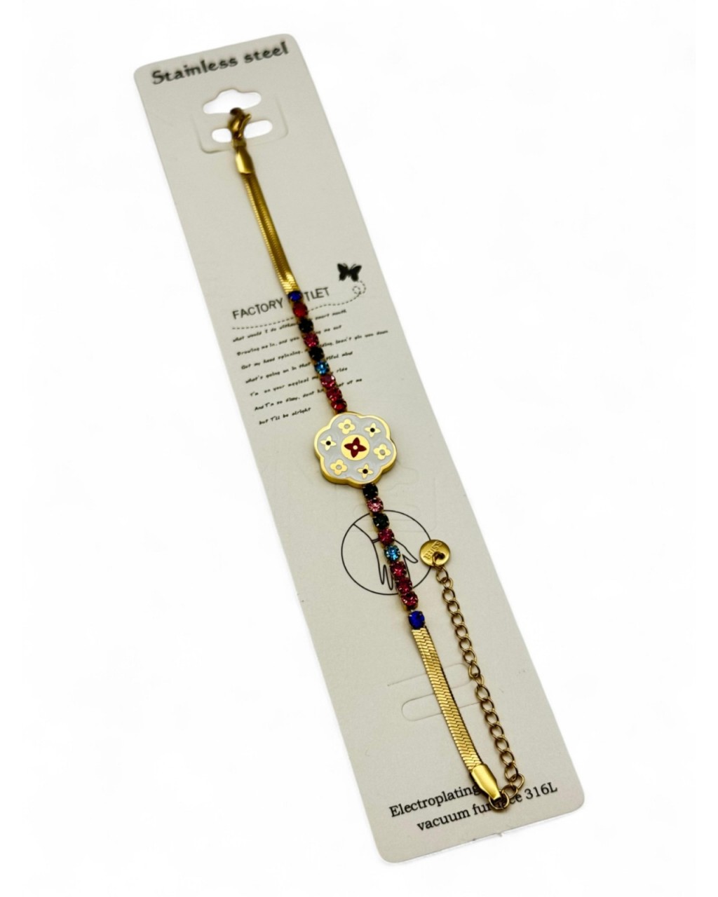 İTALYAN VE RENKLİ TAŞ ZİNCİR GOLD RENK ÇİÇEK ÇELİK BİLEKLİK