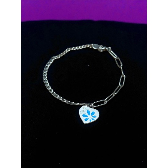 SİLVER RENK SALLANTI KALP MAVİ-BEYAZ ÇİÇEKLİ MODEL ÇELİK BİLEKLİK SİLVER RENK SALLANTI KALP MAVİ-BEYAZ ÇİÇEKLİ MODEL ÇELİK BİLEKLİK