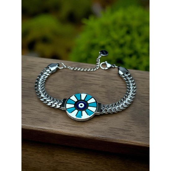 SİLVER RENK SIK ZİNCİR YUVARLAK NAZARLI MODEL ÇELİK BİLEKLİK