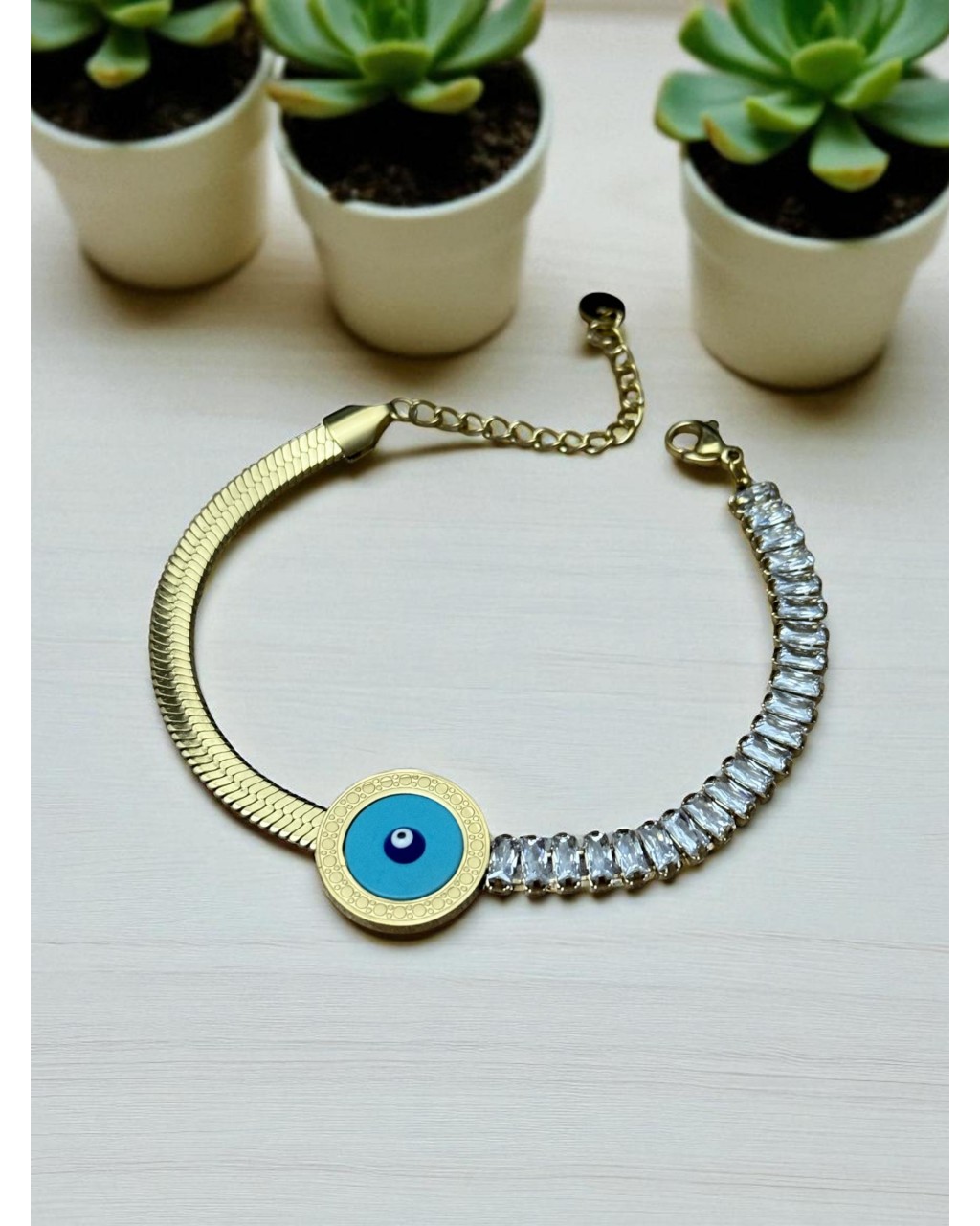 GOLD RENK YARISI SU YOLU YARISI İTALYAN ZİNCİR NAZARLI MODEL ÇELİK BİLEKLİK