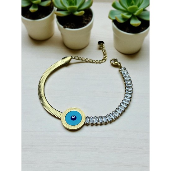 GOLD RENK YARISI SU YOLU YARISI İTALYAN ZİNCİR NAZARLI MODEL ÇELİK BİLEKLİK