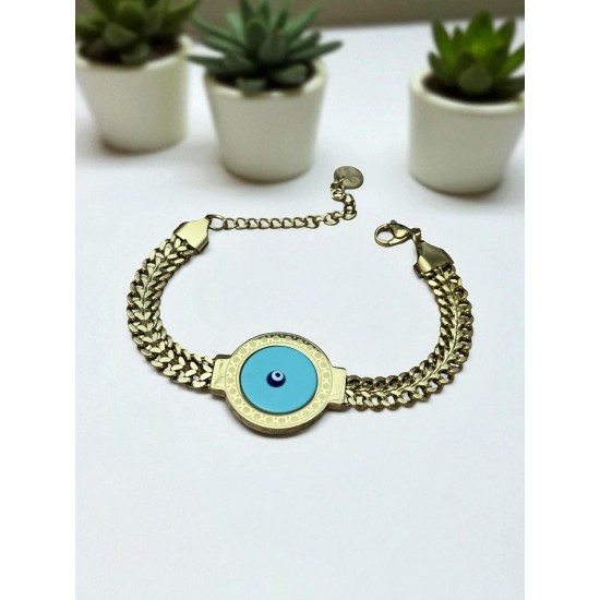 GOLD RENK SIK ZİNCİR TURKUAZ NAZARLI MODEL ÇELİK BİLEKLİK