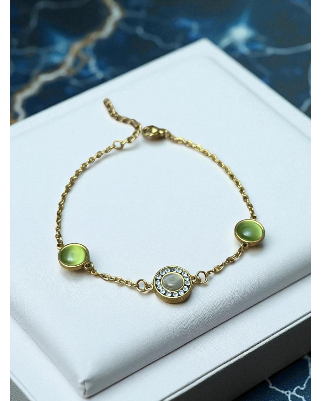 GOLD RENK YEŞİL KEDİ GÖZÜ MODEL ÇELİK BİLEKLİK