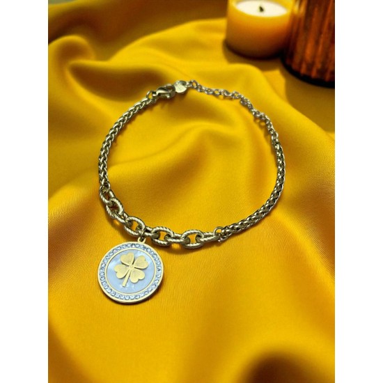 SİLVER RENK SEDEF TAŞI ÜZERİ YONCA DETAYLI MODEL ÇELİK BİLEKLİK