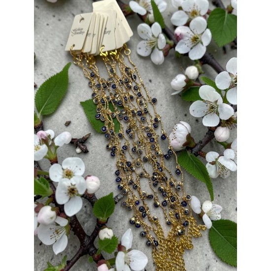 12 Lİ GOLD RENK DALGALI ZİNCİR LACİVERT NAZARLI BİLEKLİK