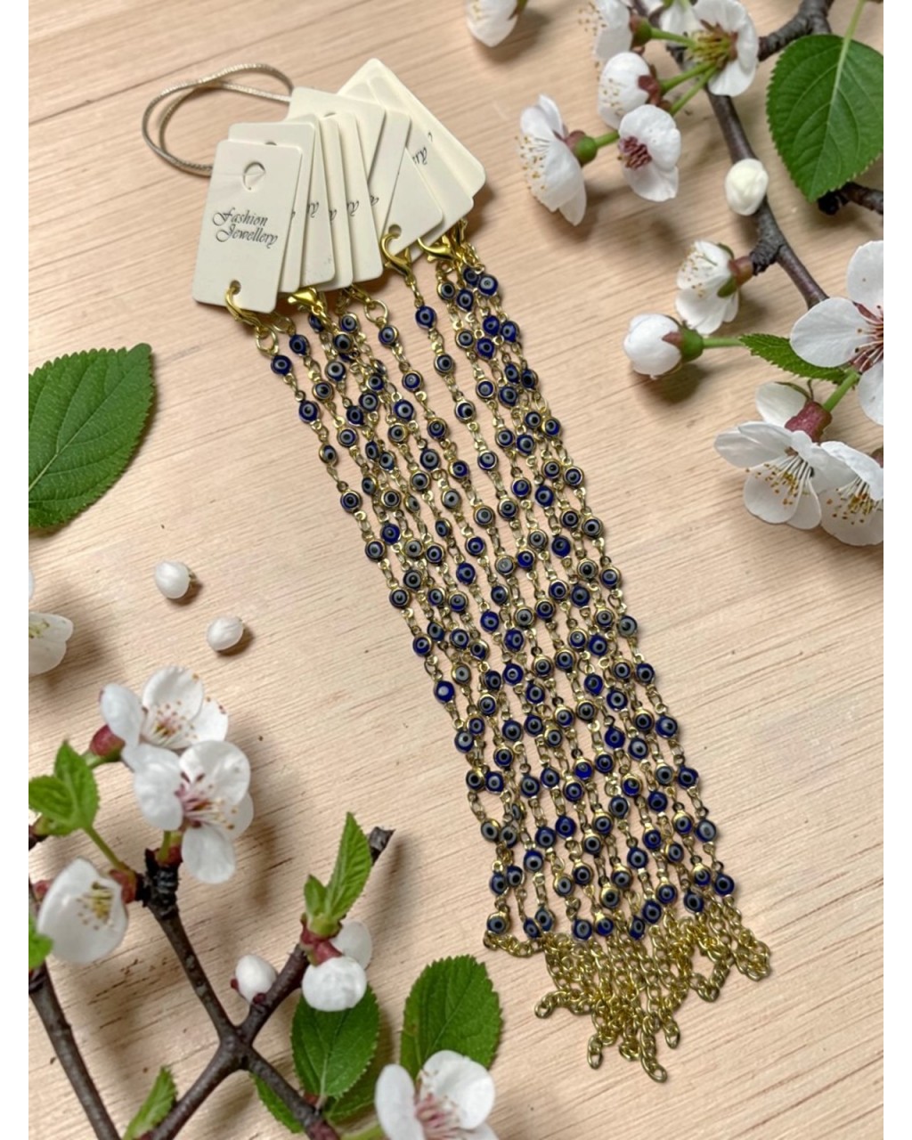  12 Lİ GOLD RENKLİ GEÇMELİ ZİNCİR KÜÇÜK LACİVERT NAZARLI BİLEKLİK