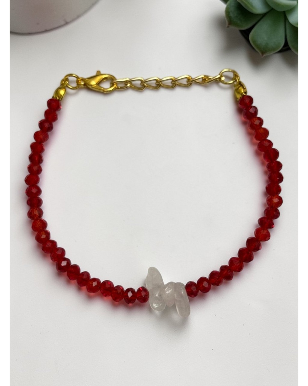 KIRMIZI KRİSTAL BONCUK ORTASI PEMBE KUVARS TAŞI BİLEKLİK