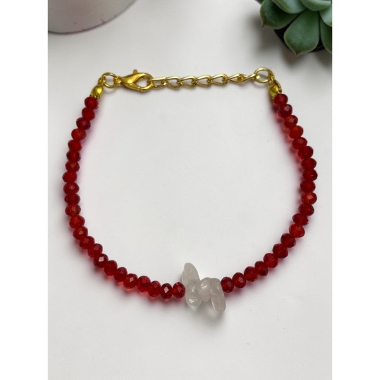 KIRMIZI KRİSTAL BONCUK ORTASI PEMBE KUVARS TAŞI BİLEKLİK