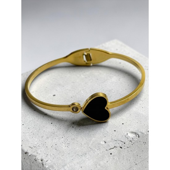 GOLD RENK SİYAH KALP MODEL ÇELİK KELEPÇE BİLEKLİK