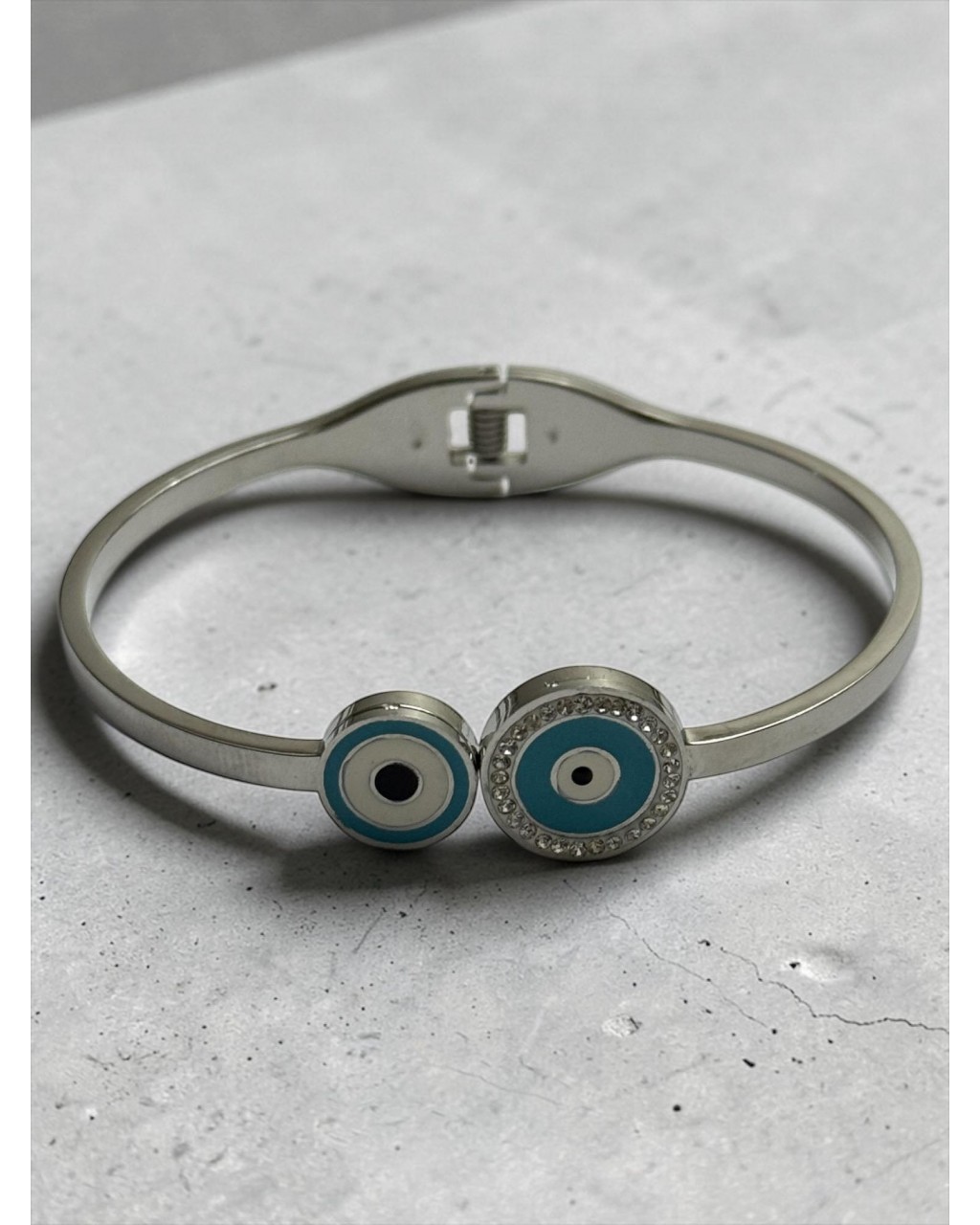 SİLVER RENK İKİLİ TAŞLI NAZAR MODEL ÇELİK KELEPÇE BİLEKLİK