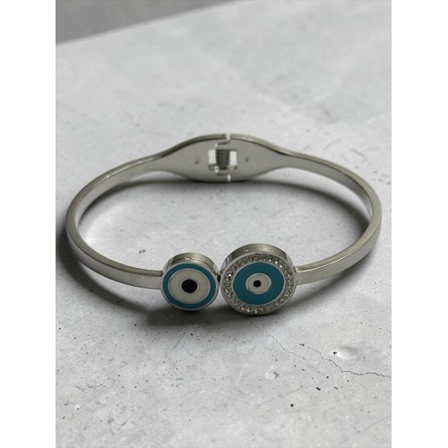 SİLVER RENK İKİLİ TAŞLI NAZAR MODEL ÇELİK KELEPÇE BİLEKLİK