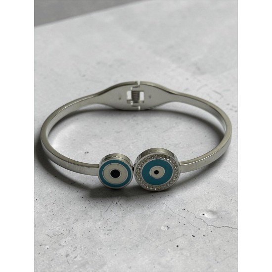 SİLVER RENK İKİLİ TAŞLI NAZAR MODEL ÇELİK KELEPÇE BİLEKLİK