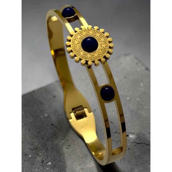 GOLD RENK ÜÇLÜ YUVARLAK AMETİS TAŞ DETAYLI ÇELİK KELEPÇE BİLEKLİK