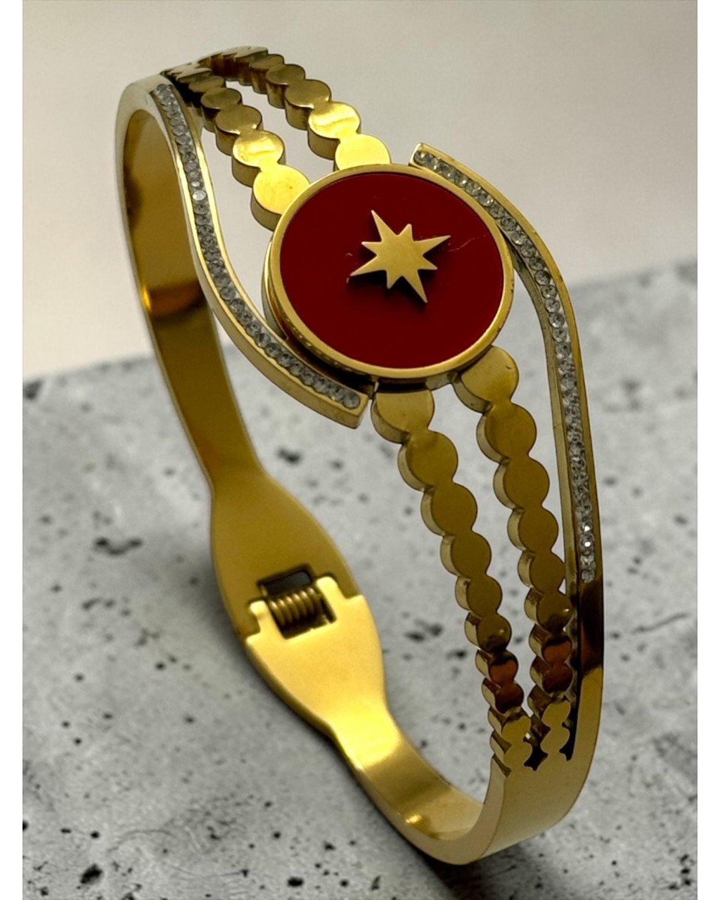  GOLD RENK ÇOKLU ZİRKON TAŞ KUTUP YILDIZI MODEL ÇELİK KELEPÇE BİLEKLİK