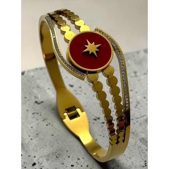 GOLD RENK ÇOKLU ZİRKON TAŞ KUTUP YILDIZI MODEL ÇELİK KELEPÇE BİLEKLİK