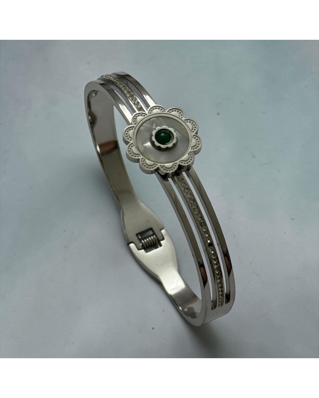 SİLVER RENK ZİRKON TAŞLI SEDEF MODEL ÇELİK KELEPÇE BİLEKLİK