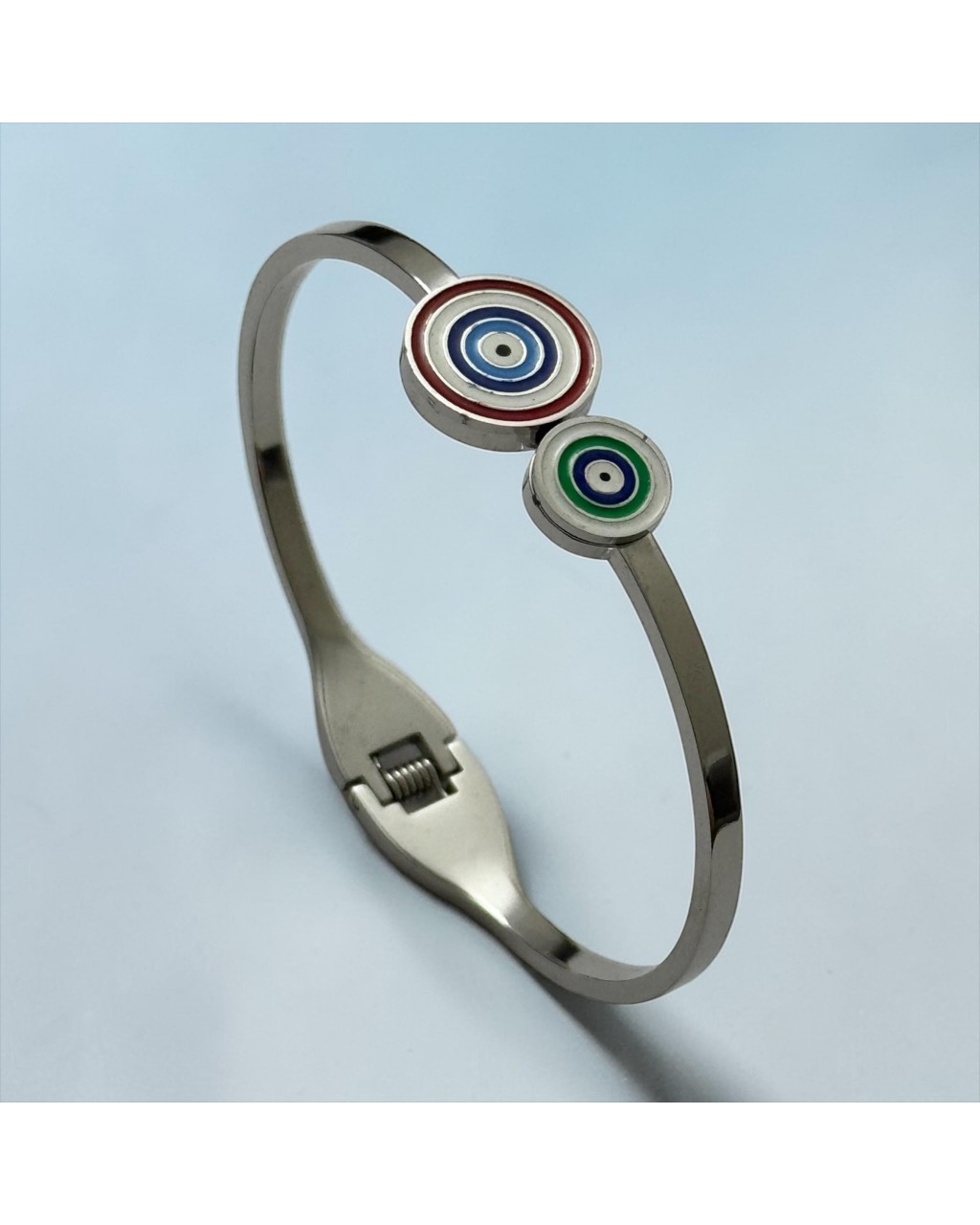 SİLVER RENK İKİLİ RENKLİ NAZAR MODEL ÇELİK KELEPÇE BİLEKLİK