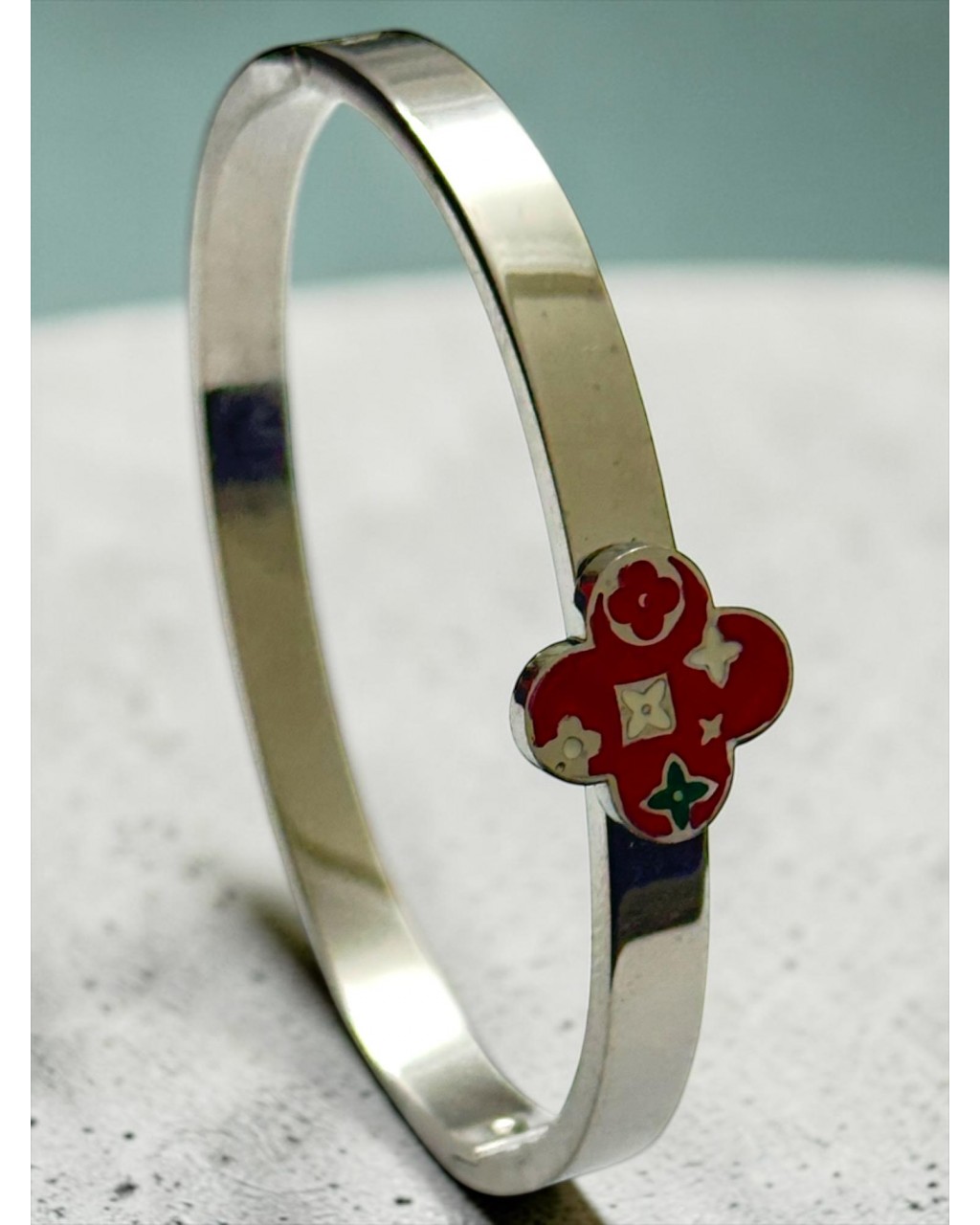 SİLVER RENK KIRMIZI ÇİÇEK MODEL ÇELİK KELEPÇE BİLEKLİK