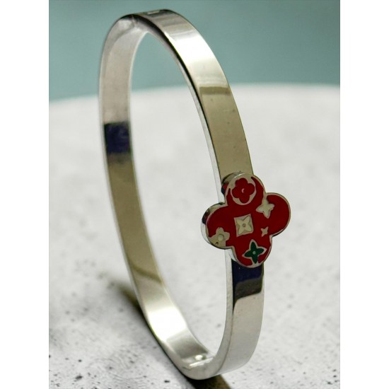 SİLVER RENK KIRMIZI ÇİÇEK MODEL ÇELİK KELEPÇE BİLEKLİK