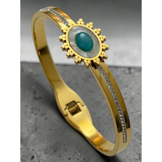 GOLD RENK ZİRKON TAŞ VE ORTASI MODELLİ SEDEF TURKUAZ TAŞLI ÇELİK KELEPÇE BİLEKLİK