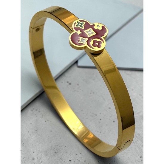 GOLD RENK KIRMIZI ÇİÇEK MODEL ÇELİK KELEPÇE BİLEKLİK