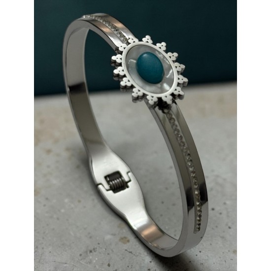 SİLVER RENK ZİRKON TAŞ VE ORTASI MODELLİ SEDEF TURKUAZ TAŞLI ÇELİK KELEPÇE BİLEKLİK