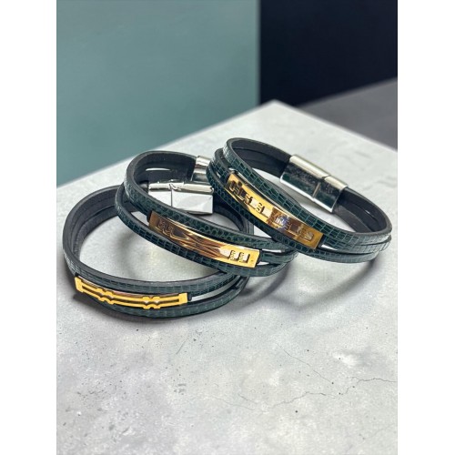 YEŞİL ÜÇLÜ ÇELİK ERKEK YILAN DERİSİ BİLEKLİK