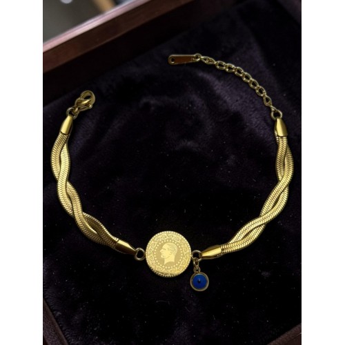 NAZARLI ÇEYREK MODEL İKİLİ DOLAMA İTALYAN ZİNCİR ÇELİK BİLEKLİK