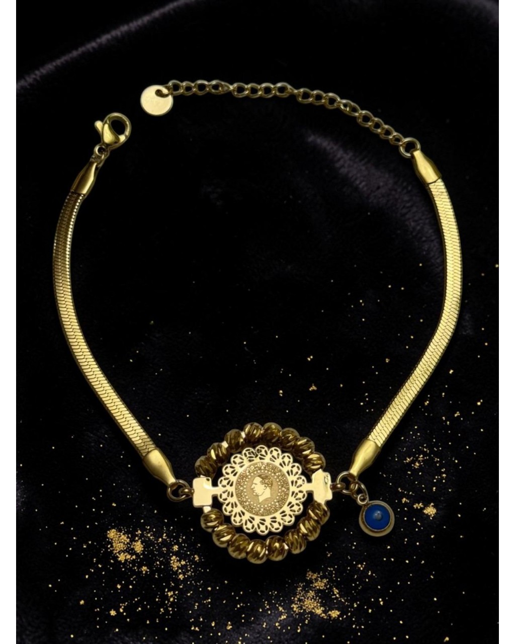 DORİKA BONCUK VE TIRTIKLI ÇEYREK MODEL İTALYAN ZİNCİR ÇELİK BİLEKLİK