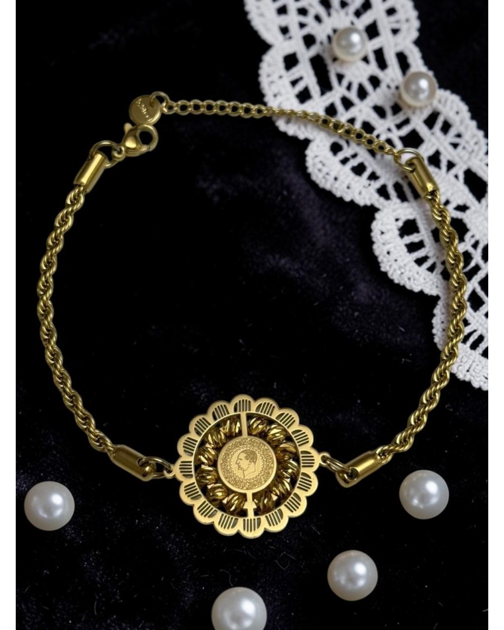 DORİKA BONCUK VE ÇEYREK DETAYLI BURGU ZİNCİR ÇELİK BİLEKLİK