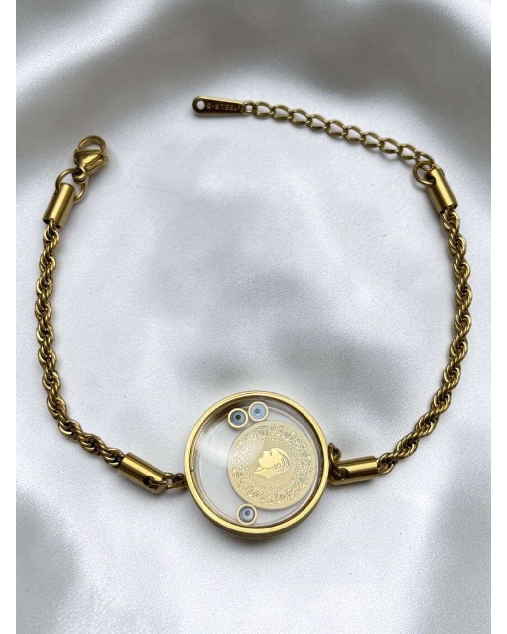 CAM İÇİNDE ÇEYREK VE NAZAR DETAYLI BURGU ZİNCİR ÇELİK BİLEKLİK