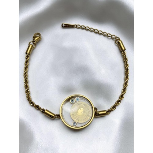 CAM İÇİNDE ÇEYREK VE NAZAR DETAYLI BURGU ZİNCİR ÇELİK BİLEKLİK