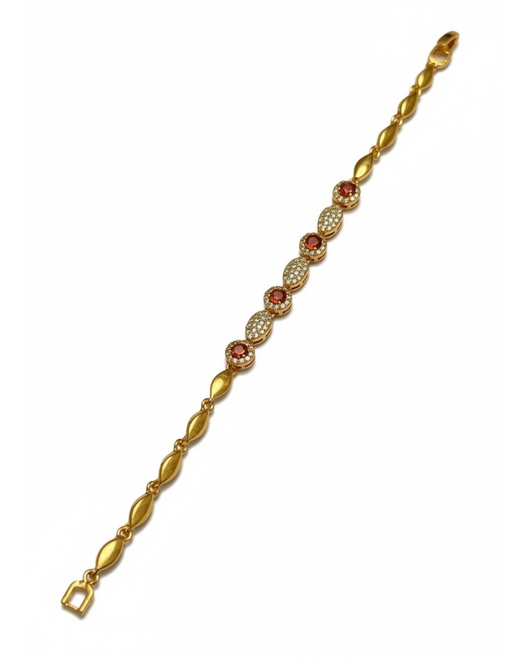GOLD RENK OVAL ZİNCİR KIRMIZI TAŞ MODELLİ ZİRKON TAŞLI XUPING BİLEKLİK