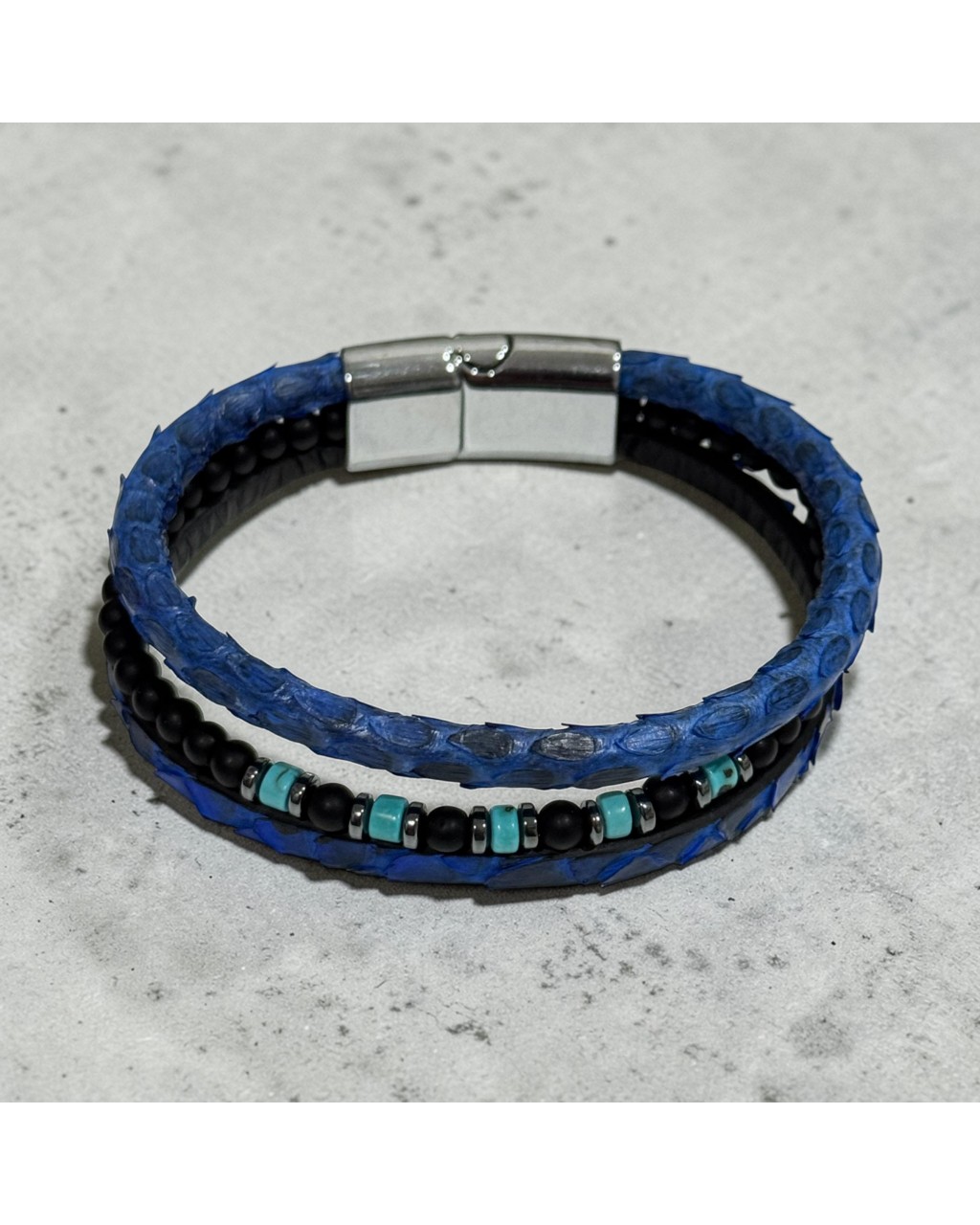 MAVİ TURKUAZ YILAN DERİSİ ONİKS TURKUAZ TAŞLI DERİ BİLEKLİK