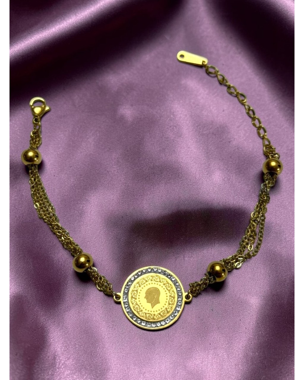 TAŞLI TUĞRA DETAYLI ÜÇLÜ ZİNCİR ÇELİK BİLEKLİK