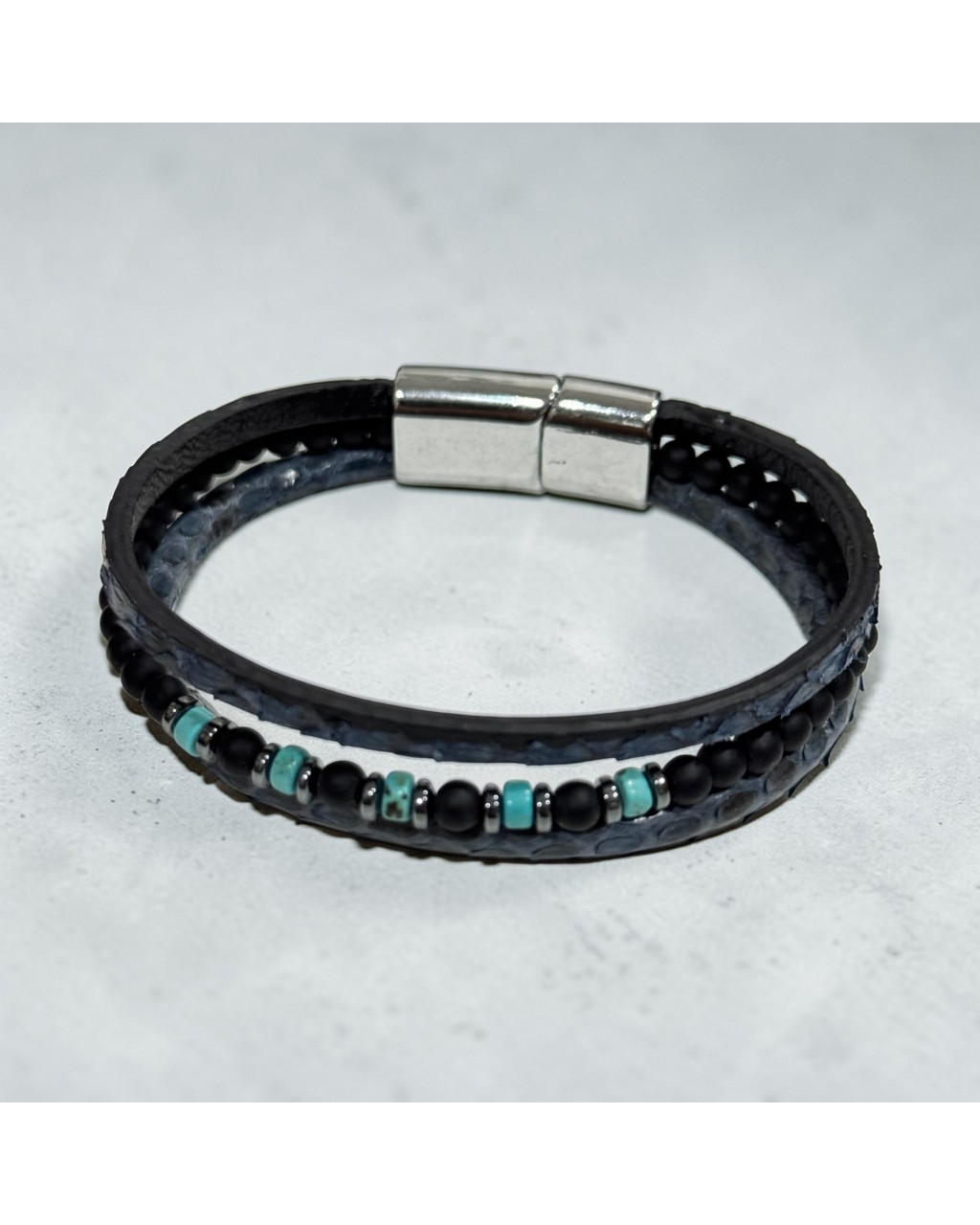 TURKUAZ TAŞLI LACİVERT YILAN DERİSİ BİLEKLİK