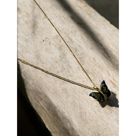 FARFARLA KELEBEK SİYAH YEŞİL GEÇİŞLİ GOLD ZİNCİR ÇELİK KOLYE