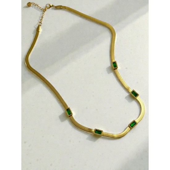 GOLD RENK İTALYAN ZİNCİR 5Lİ YEŞİL TAŞ MODEL ÇELİK KOLYE