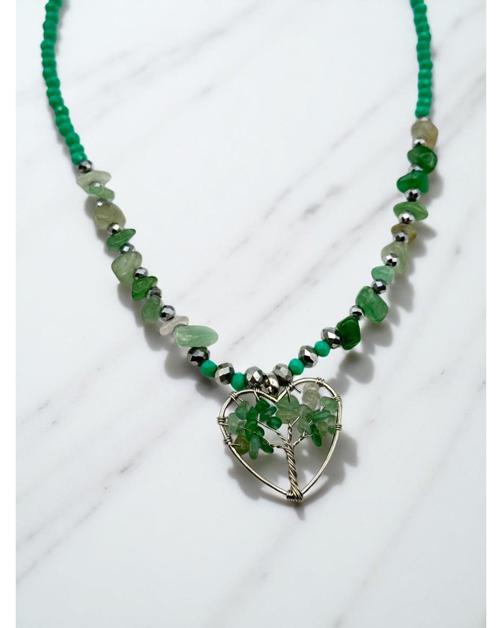 YEŞİM TAŞLI KALPLİ HAYAT AĞACI KRİSTAL KOLYE