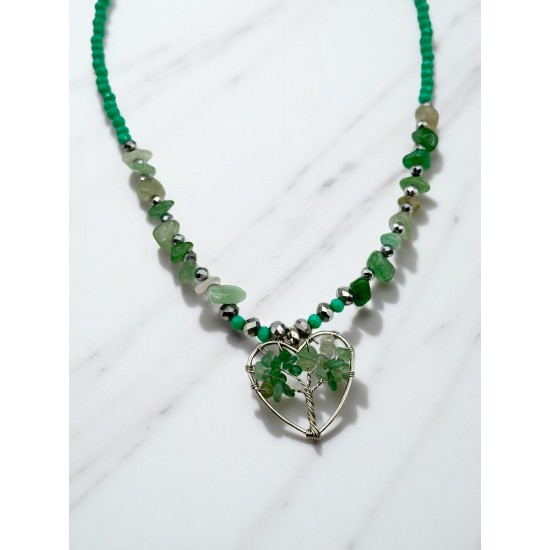 YEŞİM TAŞLI KALPLİ HAYAT AĞACI KRİSTAL KOLYE