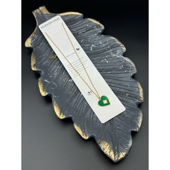 KALP MODEL YEŞİL MİNELİ GOLD RENK ÇELİK KOLYE