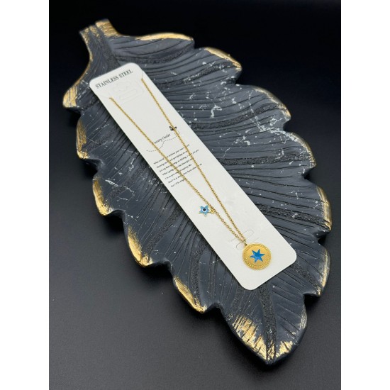 YUVARLAK MAVİ MİNELİ YILDIZ MODEL GOLD RENK ÇELİK KOLYE
