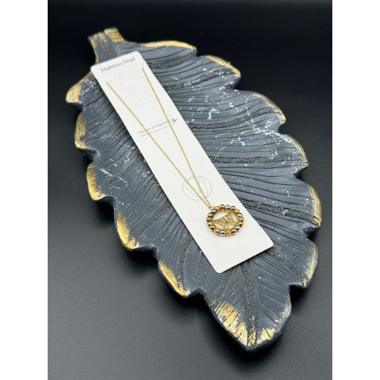 KELEBEK DETAYLI YUVARLAK DORİKA BONCUK MODEL GOLD RENK ÇELİK KOLYE