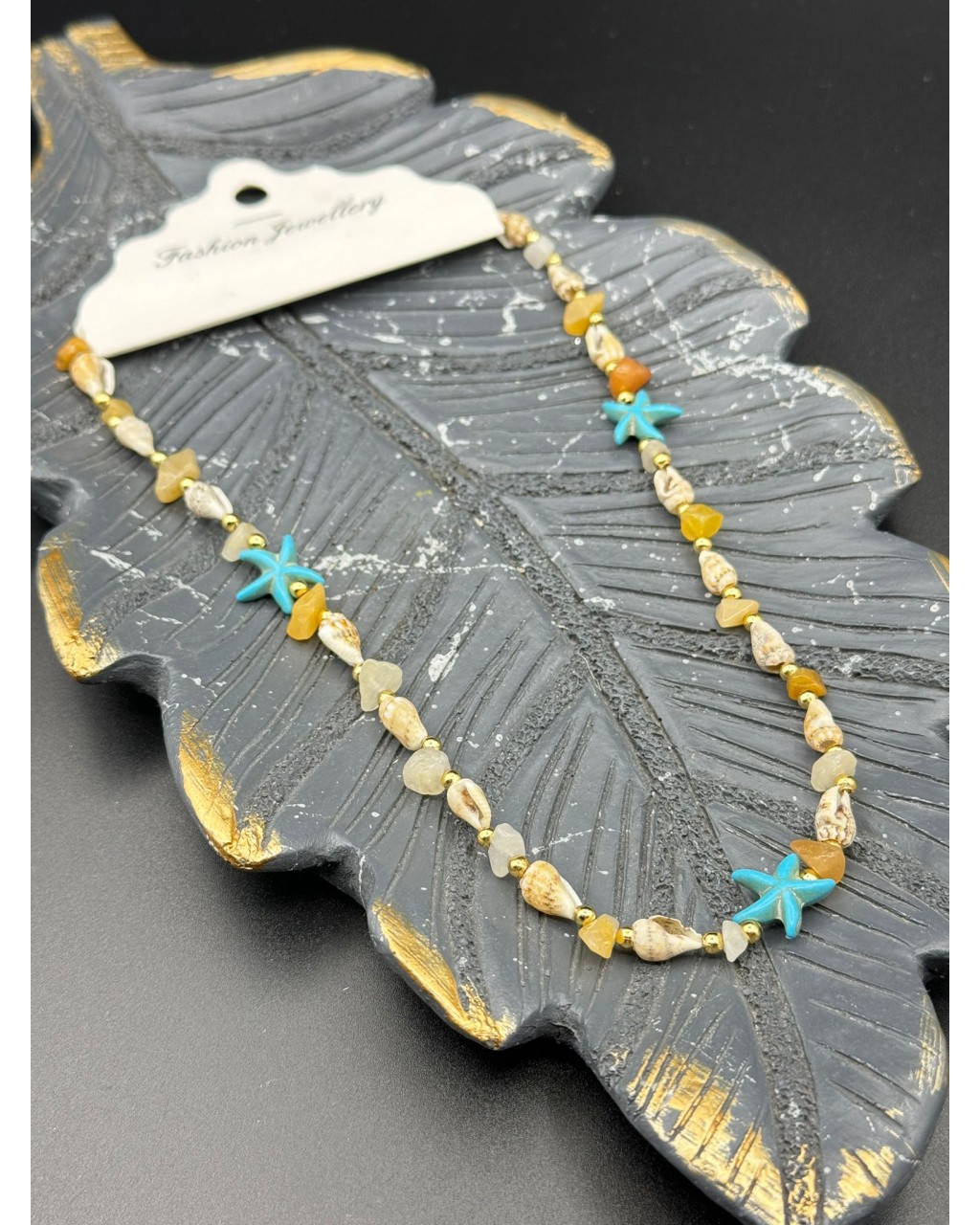 SARI AKİK TAŞI RENKLİ YILDIZLI DENİZ KABUĞU KOLYE