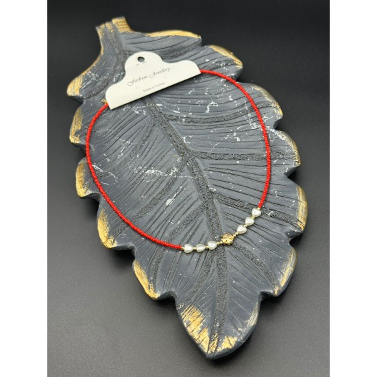 KIRMIZI RENK KALP İNCİ VE YONCA KUM BONCUK KOLYE