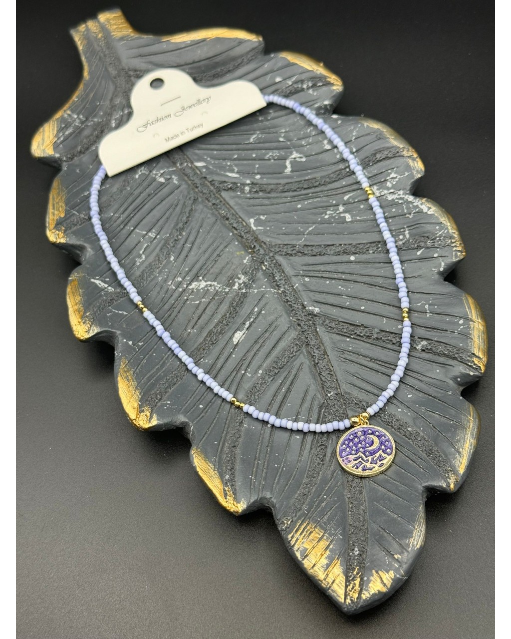 LİLA RENK YUVARLAK GECE TEMALI KUM BONCUK KOLYE