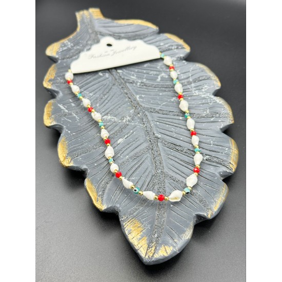 KIRMIZI KRİSTAL VE NAZAR BONCUKLU DENİZ KABUĞU KOLYE